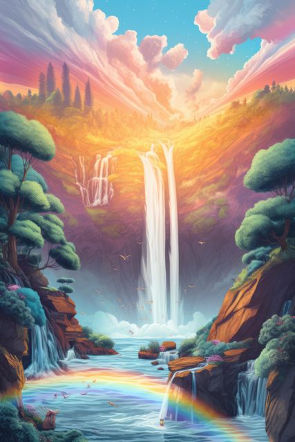 This vivid and serene setting captures a majestic waterfall framed by lush greenery and vibrant colors during sunset. The pendant-like cascade is surrounded by peaceful streams and is bathed in warm, glowing light creating a magical, fantastical scene. Use this image for themes representing serenity, nature’s beauty, and fantasy narratives, or to bring a touch of peaceful allure to creative projects.
