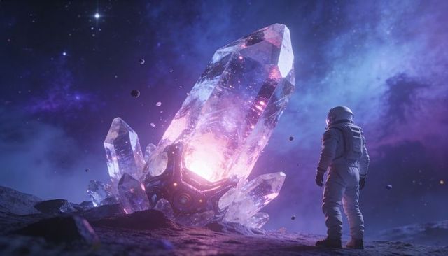 Astronaut standing beside giant glowing crystal cluster on alien planet under nebula sky