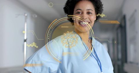 Smiling Nurse with Futuristic HUD in Hospital Corridor