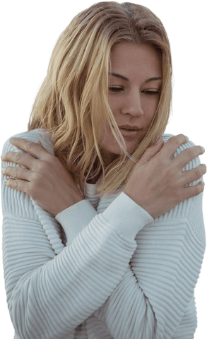 Blonde Woman in White Sweater on Transparent Background