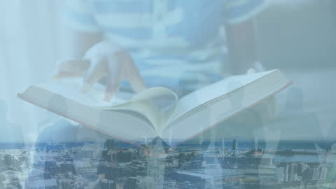 Child Reading Book Overseeing Cityscape With Digital Interface