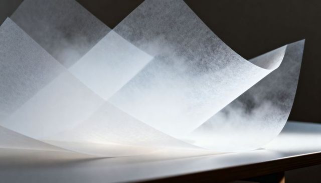 Translucent tracing paper sheets curving on table with rim light, layering and texture