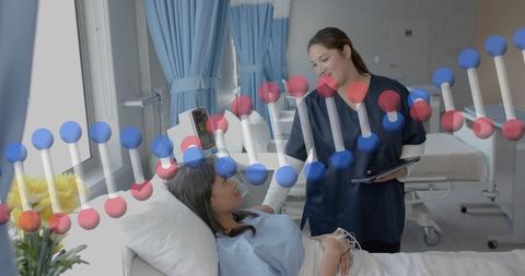 Nurse comforting patient at bedside with dna helix overlay representing precision medicine care