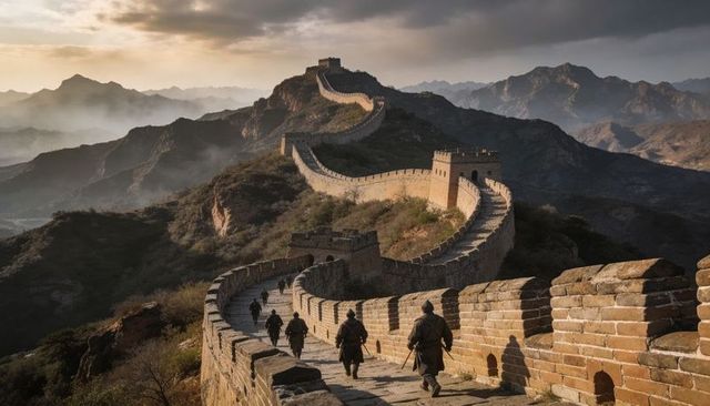 Hikers trekking winding great wall at sunset with misty mountains and watchtowers