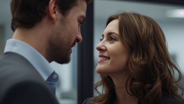 Smiling woman and colleague sharing warm close moment in modern office by glass partition