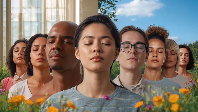 Diverse group meditating in sunlit garden among blooming flowers for mindfulness