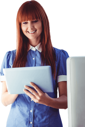 Smiling Professional with Tablet in Transparent Office Space