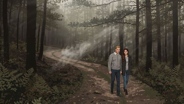 Couple walking on misty forest trail with sunbeams and vertical fog column