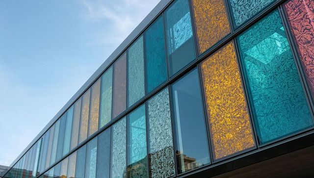 Modern architecture featuring multicolored etched glass panels