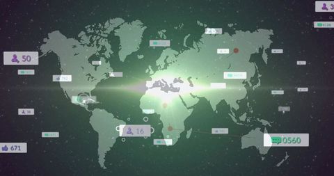 Futuristic world map with data points and network connections