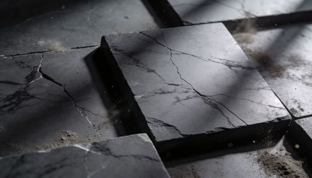 Dark marble slabs showing hairline cracks and dust motes on textured tiled surface