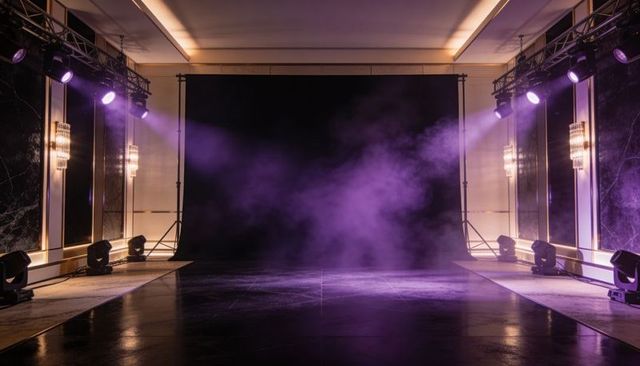 Purple haze ballroom stage featuring dramatic theatrical smoke and moving head lights