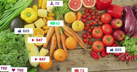 Showing colorful fresh produce flatlay with social media engagement icons on rustic wood