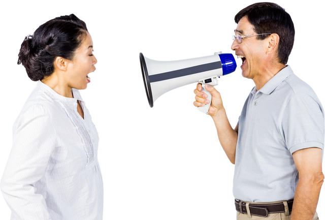 Man Shouting Through Megaphone at Partner with Transparent Background - Download Free Stock Videos Pikwizard.com