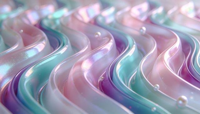 Macro iridescent pastel ribbon waves with pearlescent beads - abstract fluid opal texture