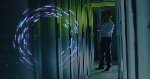 Engineer is standing among server racks in a high-tech data center, interacting with digital interface overlay. Perfect for themes related to technology, cybersecurity, IT infrastructure, data storage, and modern computing environments. Useful for use in articles, website headers, and promotional materials about IT services and data management.