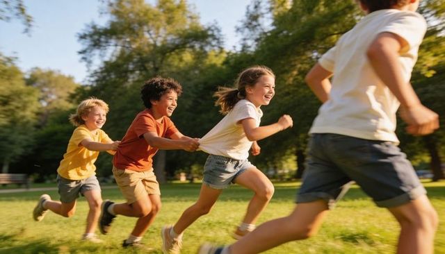 Children running and laughing in park chasing game friends playing outdoors