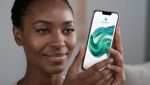 African american woman smiling while holding smartphone displaying teal wellness app interface for m