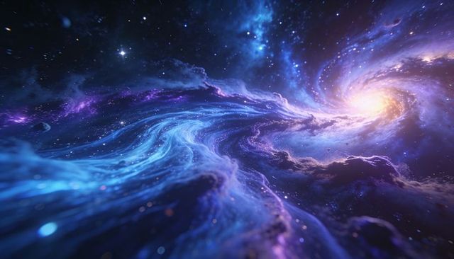 Luminous spiral galaxy swirling through cosmic nebula with radiant core and starfield