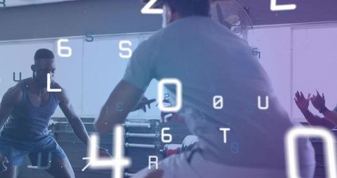 Trainer leading partner workout in mirrored studio with futuristic data overlay