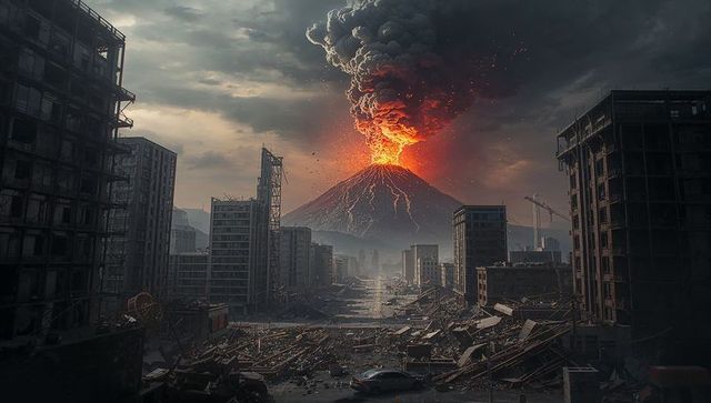 Erupting volcano over urban ruins depicting apocalyptic chaos