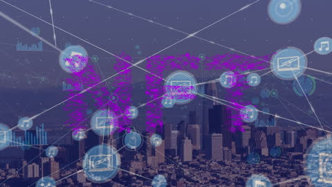 Digital Network Visualization Over City Skyline
