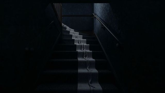 Moody carpeted staircase with delicate draped runner and dark surroundings