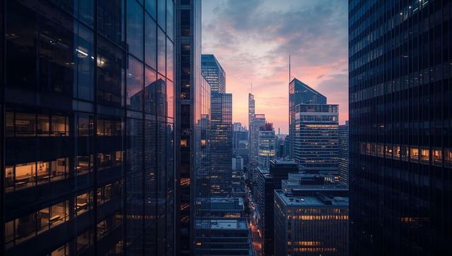 Skyscrapers Framing Urban Sunset in Vibrant Business Park