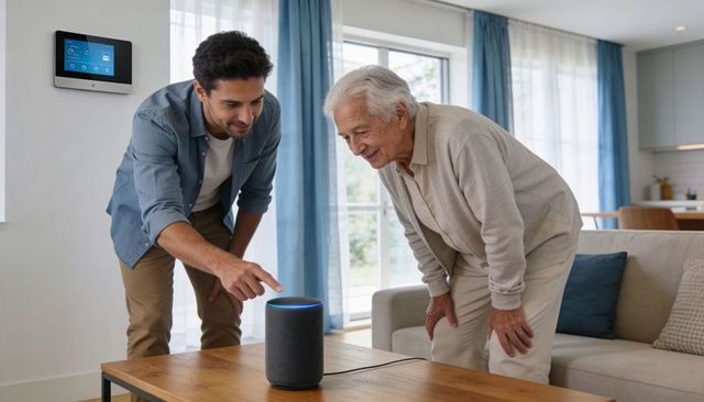 Younger man teaching older man to use smart speaker in bright modern living room