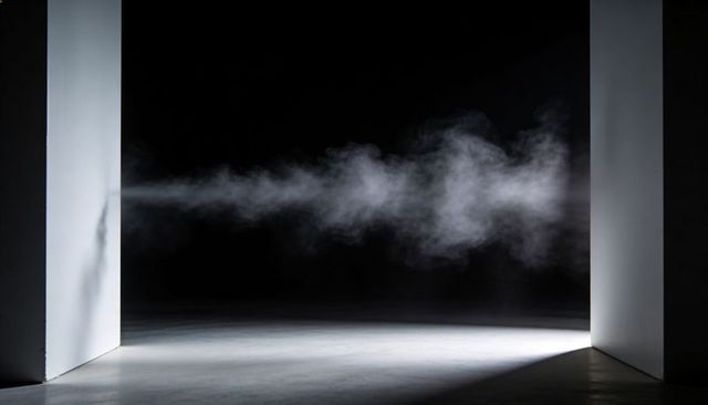 Drifting smoke plume crossing dark stage between white panels casting spotlight wedge