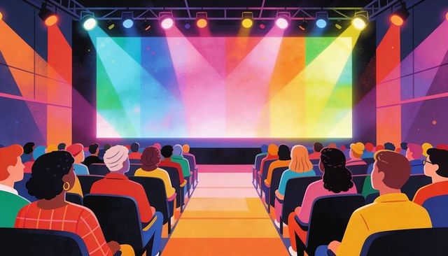 Diverse audience watching colorful stage projection in modern theater with dramatic lighting