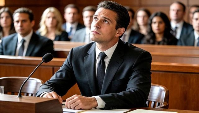 Male attorney listening during court testimony at counsel table, focused professional