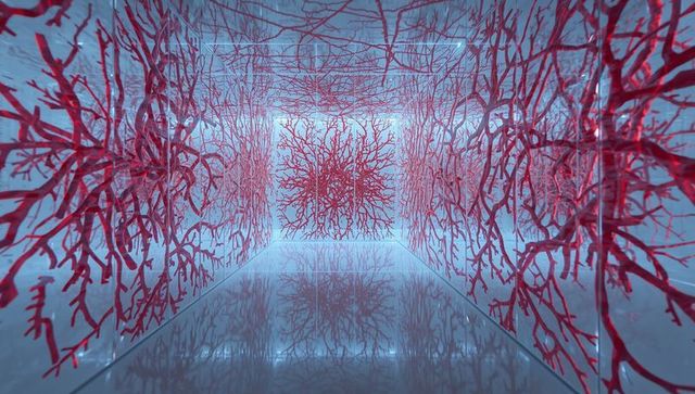Red branching sculpture installation in mirrored glass gallery reflecting symmetry