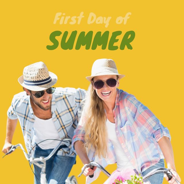 Digital composite image of first day of summer text over happy caucasian couple with bicycles. summer holiday, lifestyle and bonding concept.