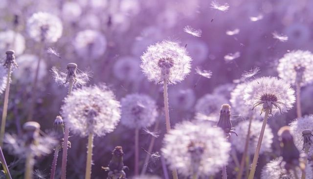 Glowing lavender dandelion seedheads releasing fluffy seeds floating in meadow light