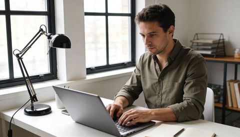 Focused man working remotely at modern home office desk typing on laptop in natural light
