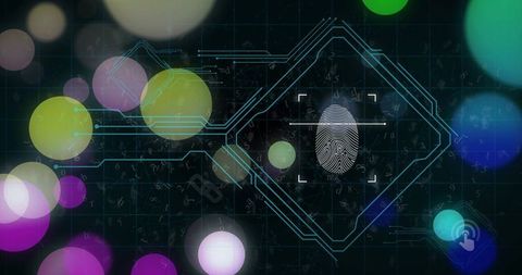 Fingerprint Scanning Interface with Neon Bokeh and Circuit Frame for Biometric Identity
