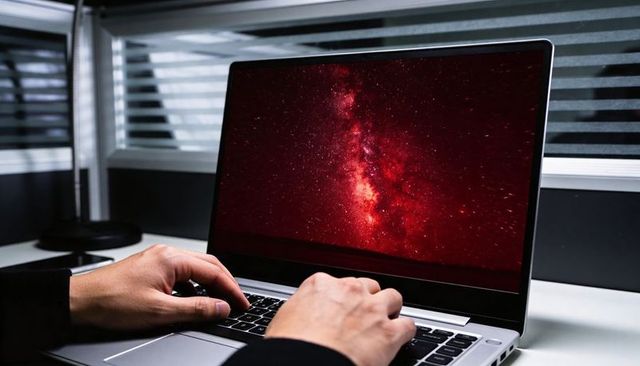 Hands typing on laptop with red galaxy display in modern workspace