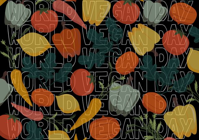 Seamless vegetable pattern with 'World Vegan Day' text in transparent overlay celebrating vegan lifestyle. Ideal for promoting vegan events, restaurant menus, healthy eating brochures, and social media campaigns for World Vegan Day.