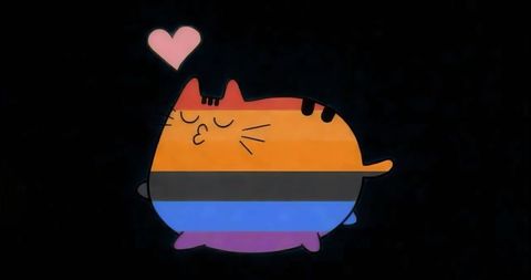 Colorful striped cartoon cat sending a kiss with heart symbol