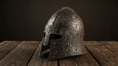 Ornate Medieval Metal Helmet with Intricate Engravings