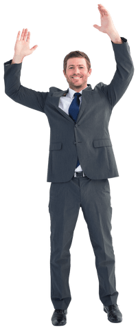 Excited Businessman in Suit with Hands Up on Transparent Background