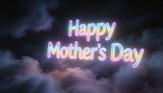 Neon happy mother's day typography casting pastel glow over dreamy clouds