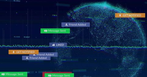 Teal particle globe with social notifications, data waveform and neon analytics dashboard
