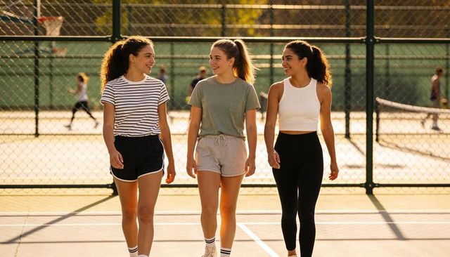 Three teen girls walking on sunlit outdoor sports court wearing athletic wear and smiling
