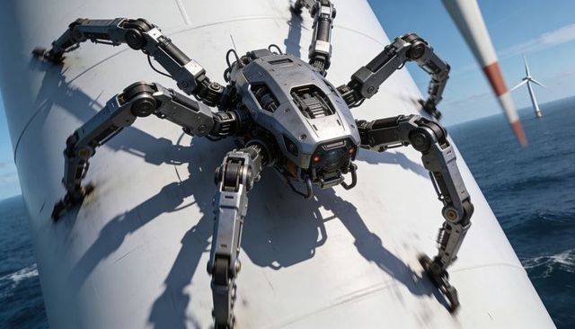 Autonomous multi-legged maintenance robot clinging to offshore wind turbine blade inspecting rotor