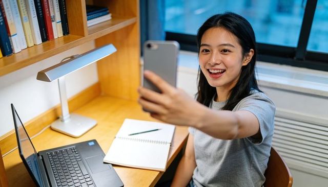 Smiling asian woman taking selfie at study desk with laptop and notebook for remote learning