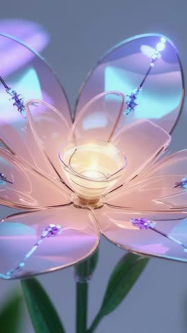 Pulsing glass flower vessel emitting pastel glow on stem with leaves vertical video