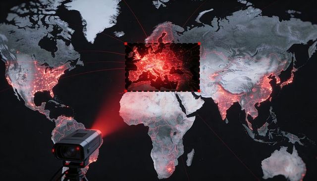 Surveillance camera scanning world map with red beam highlighting europe cybersecurity network