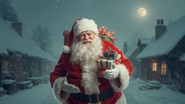 Smiling Santa Carrying Gifts in Snowy Village at Night